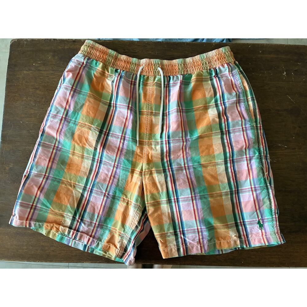 Polo Ralph Lauren Mens XL Madras Plaid Swim Trunks Shorts Mesh Lined Pony